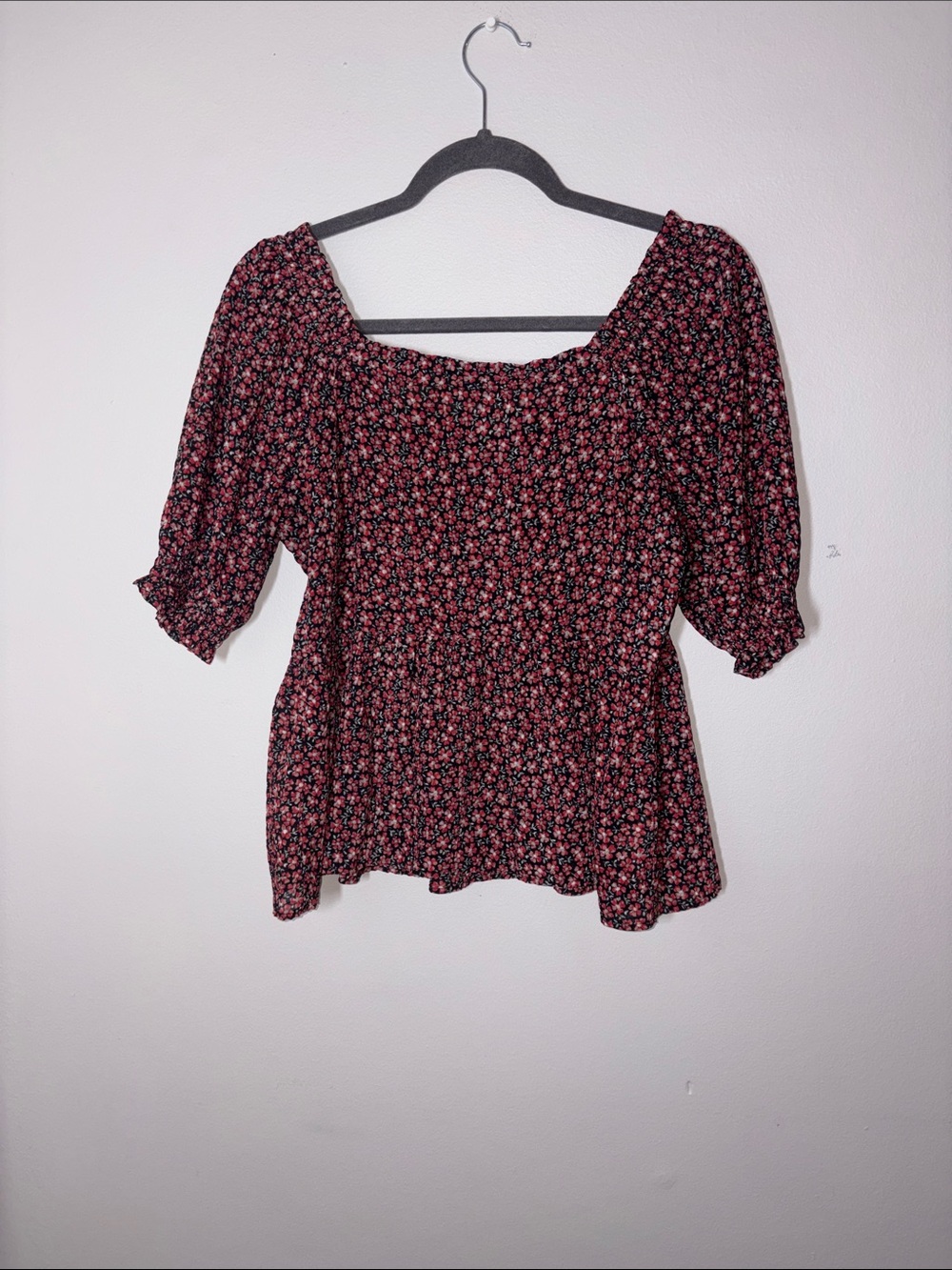 LOFT Black Floral Square-Neck Peplum Top